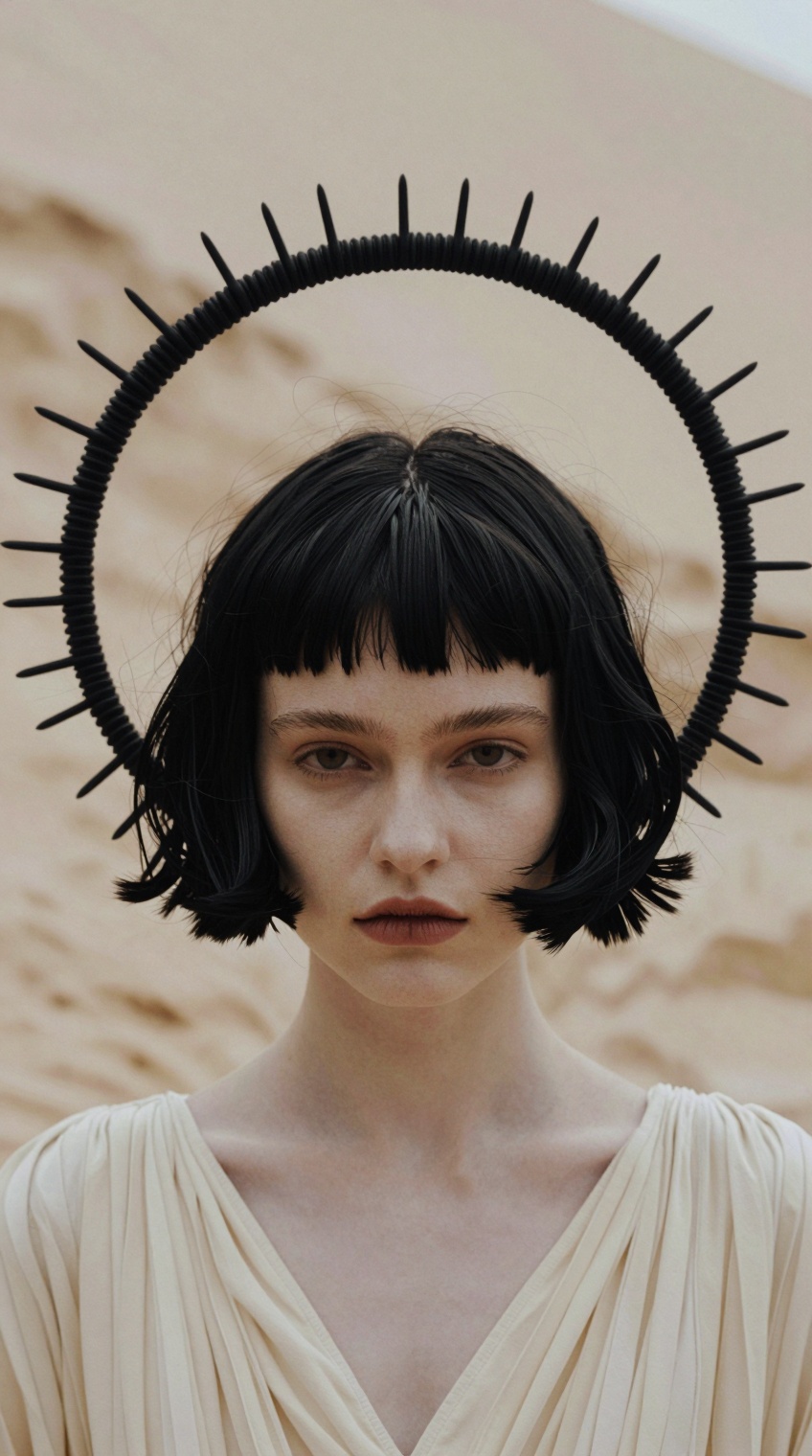 Close-up shot. A pale young female fashion model with a short black bob haircut and blunt bangs,  wearing a large black ci...