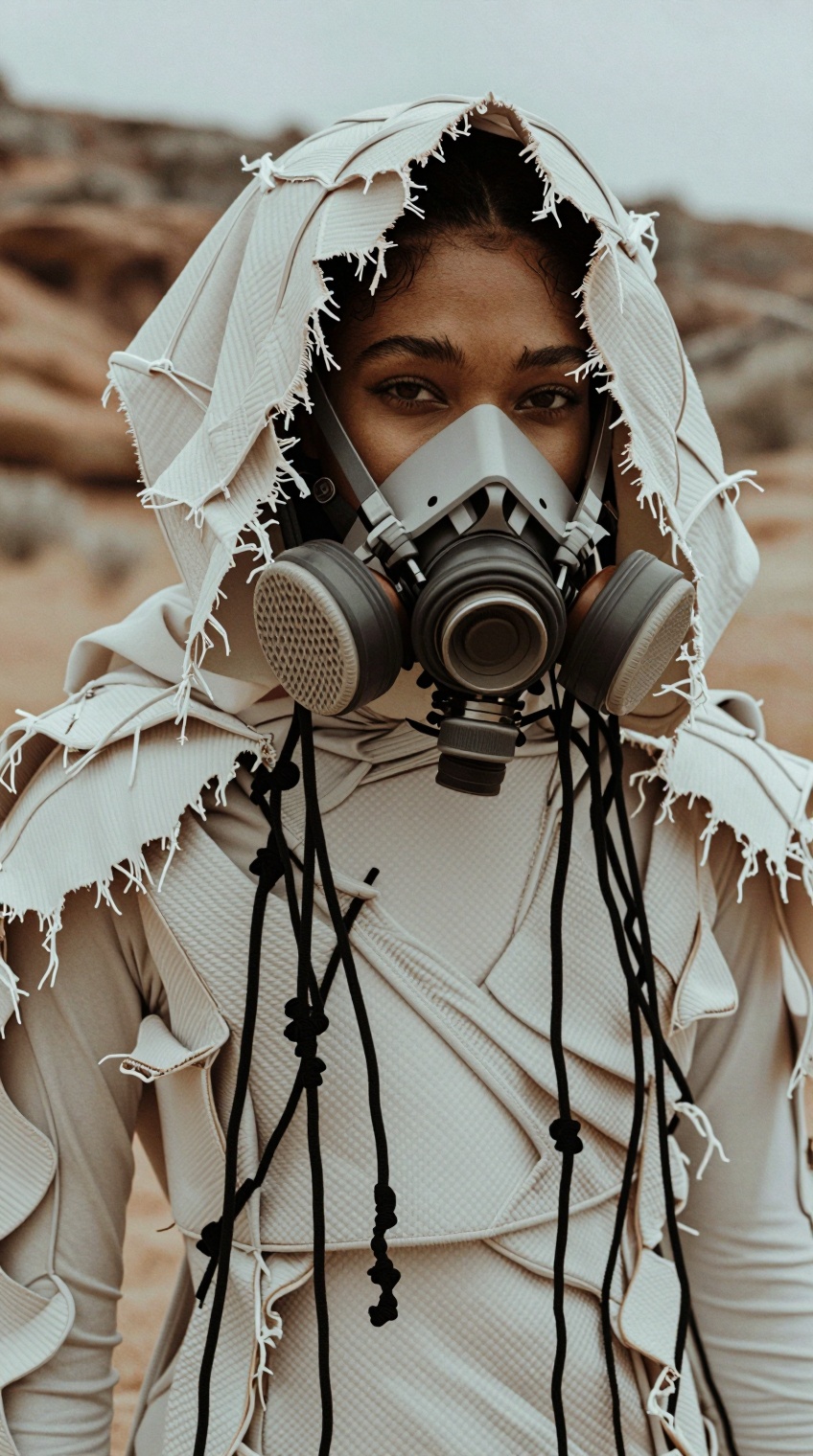 Close-up shot. A futuristic wasteland mulatto female oracle wearing distressed white layered survival carbon sci-fi tiered...