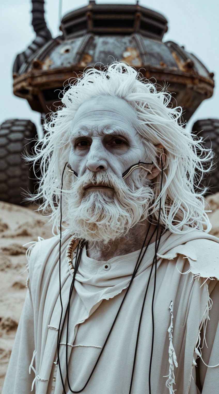 Close-up shot. A ghostly pale futuristic desert prophet old white bearded man with wild white hair and a white painted fac...