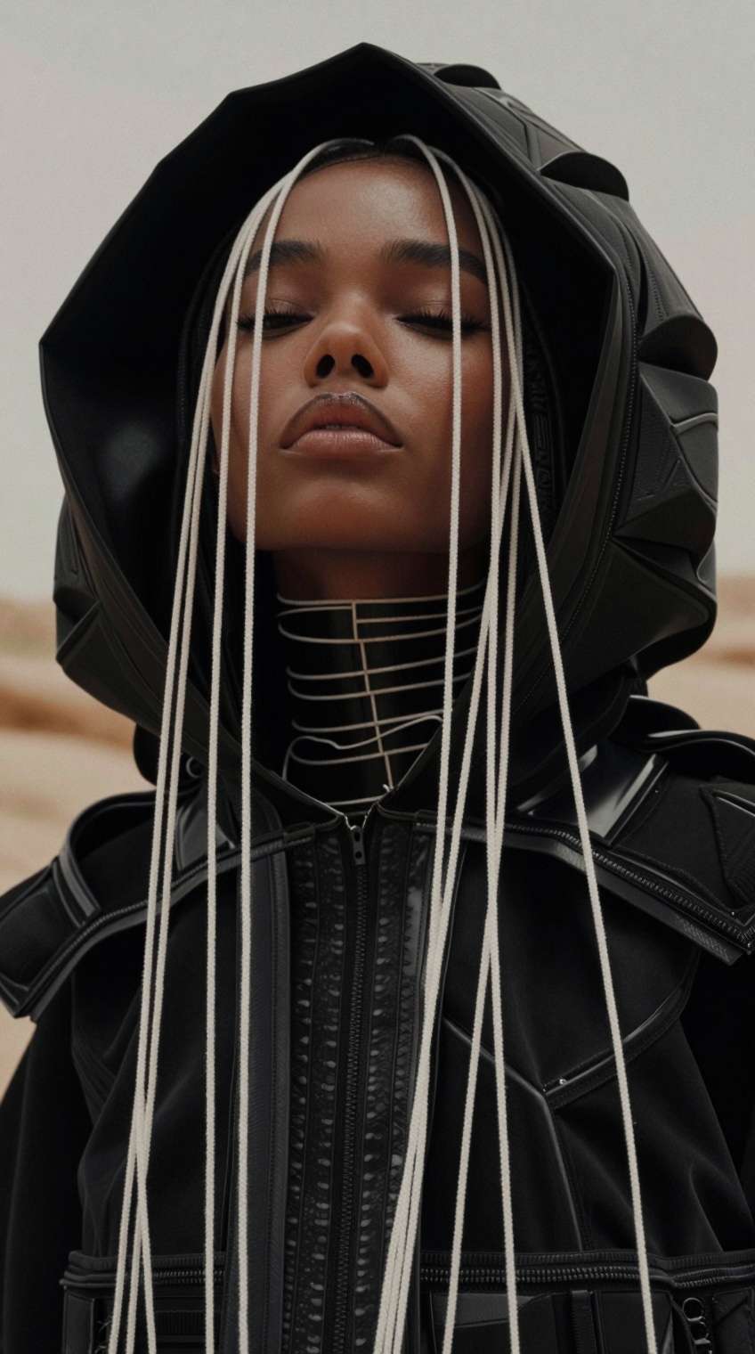 Close-up shot. A futuristic black-clad beautiful desert female african black skinned nomad wearing an oversized technical...
