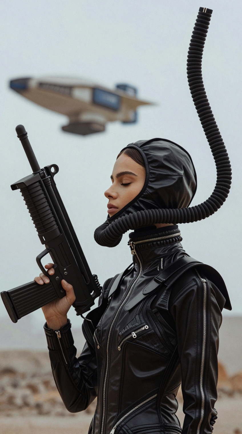 A futuristic dark sci-fi fashion female model in side profile wearing a glossy black leather biomechanical respirator hood...