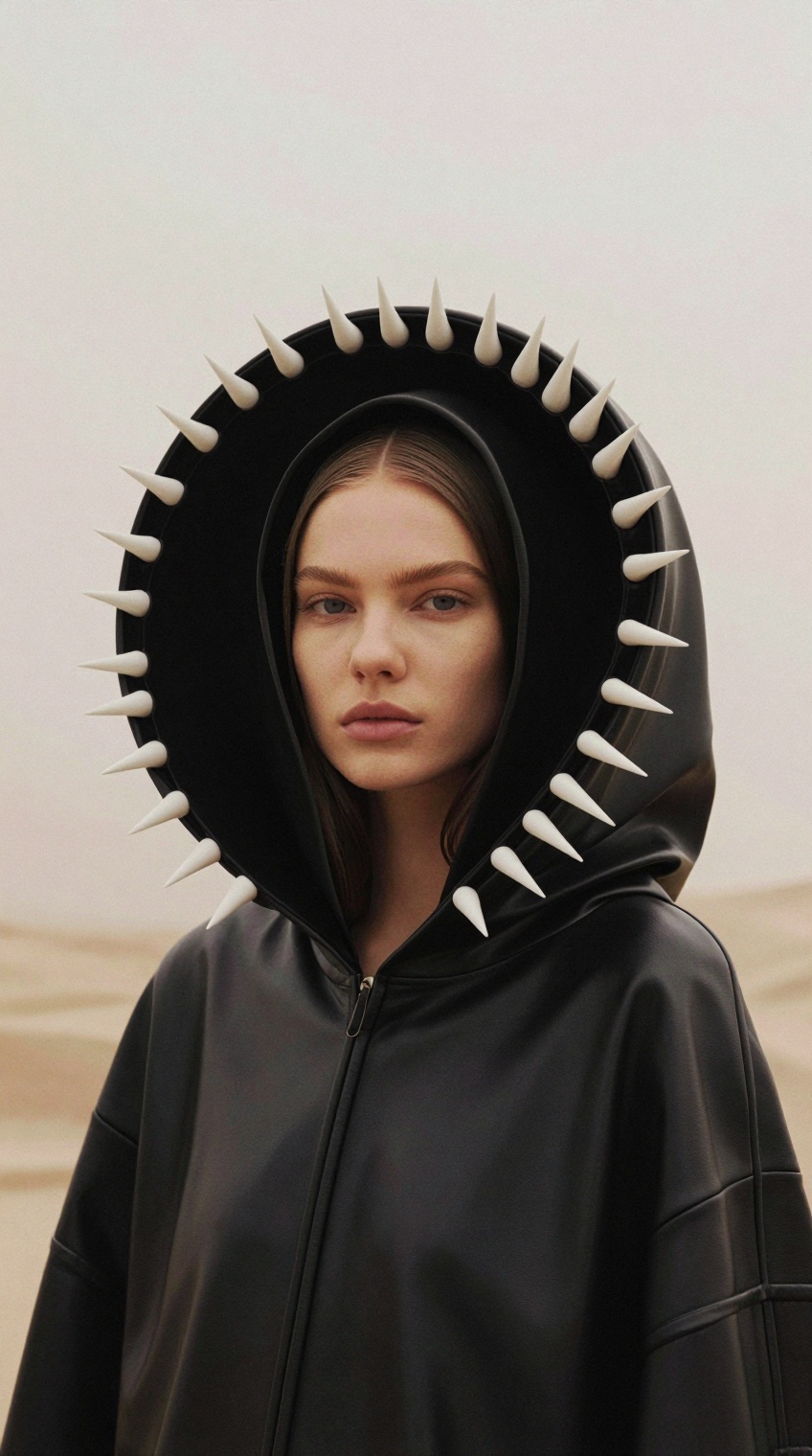 A young pale female fashion model wearing an oversized black leather hood covered with sharp white cone spikes. The hood f...