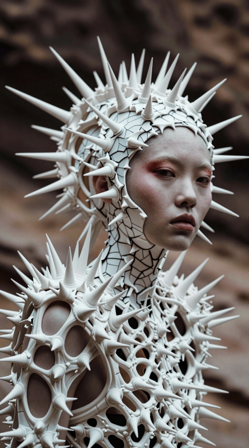 A pale female asian alien fashion model wearing a bone-white organic exoskeleton covered with sharp thorn-like spikes. The...
