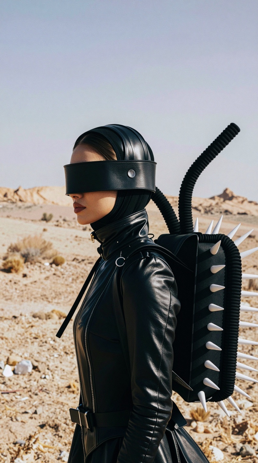 Close-up shot. A futuristic black-clad female desert warrior standing in a harsh sandy wasteland,  wearing glossy black le...