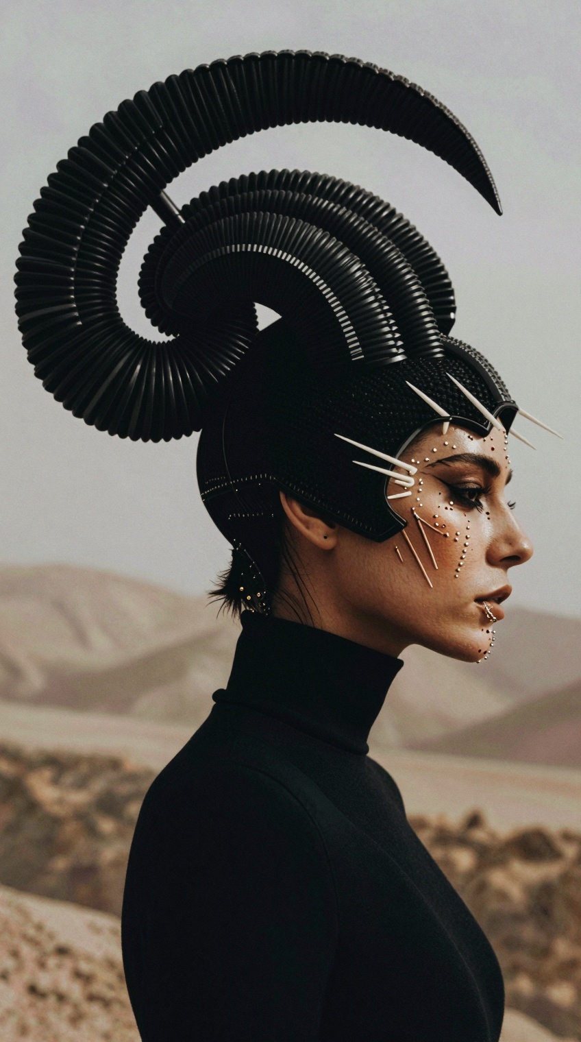 A futuristic desert female priestess in side profile wearing an enormous black ribbed ram-horn helmet and a black high-nec...