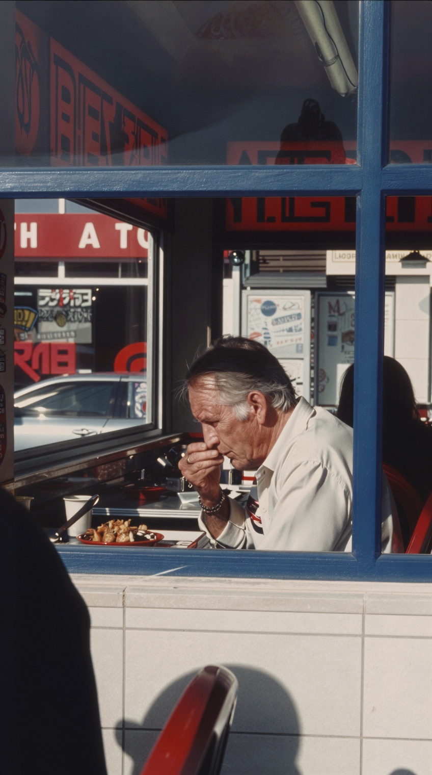 A candid,  atmospheric medium shot of an older man seated at a table,  eating in a diner on Tensor.Art