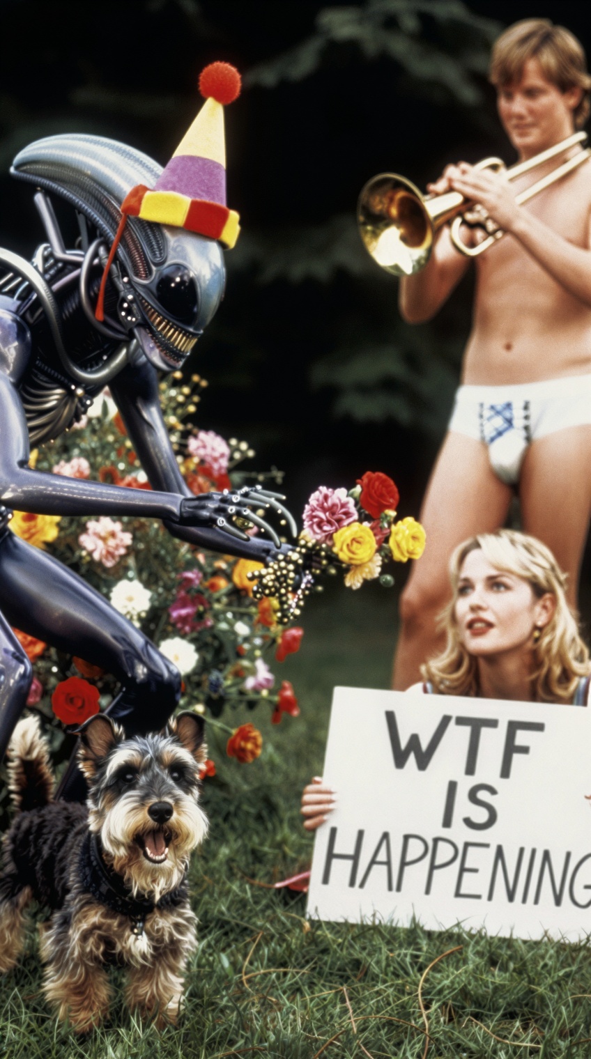 Highly realistic portrait of a Xenomorph wearing a clown hat picking flowers in a garden,  while a happy little scottish t...