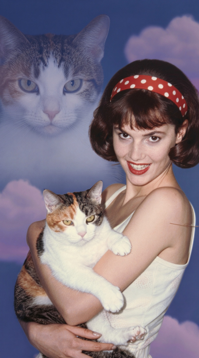 A vintage 1990s department store studio portrait,  Olan Mills style. A young woman with a bob haircut and a red polka-dot...