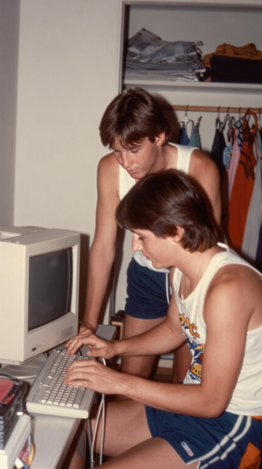 A candid,  authentic medium shot of two young men in a casual indoor setting,  one sitting at a desk with a vintage 1980s...