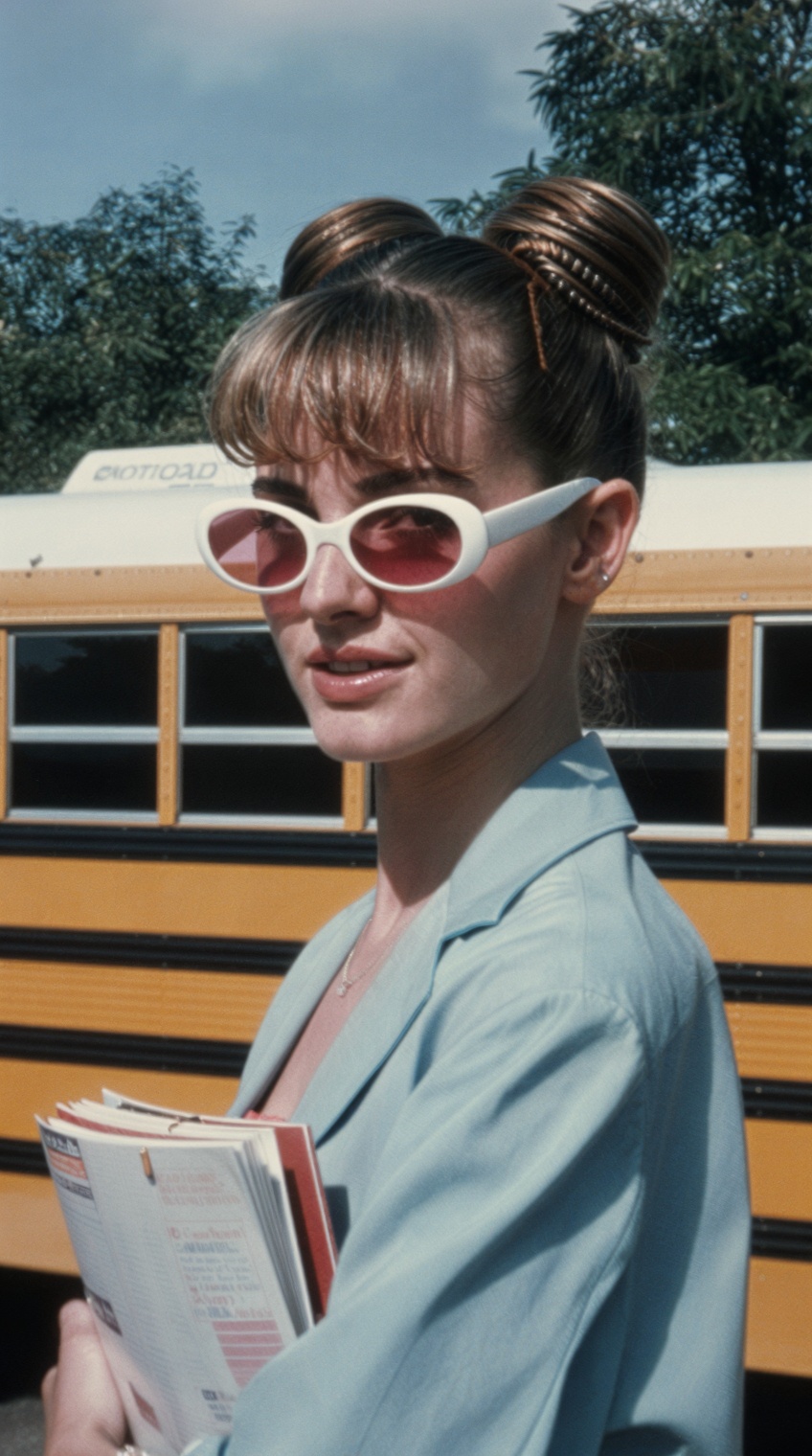 A cinematic,  medium close-up portrait of a young woman with a distinct 1990s hairstyle (half-updo with braided bands),  w...