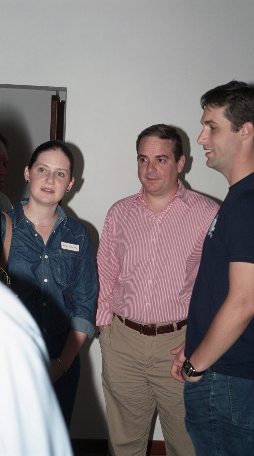 a medium shot of a group of people conversing indoors. A woman in a denim shirt with a name tag stands on the left,  liste...