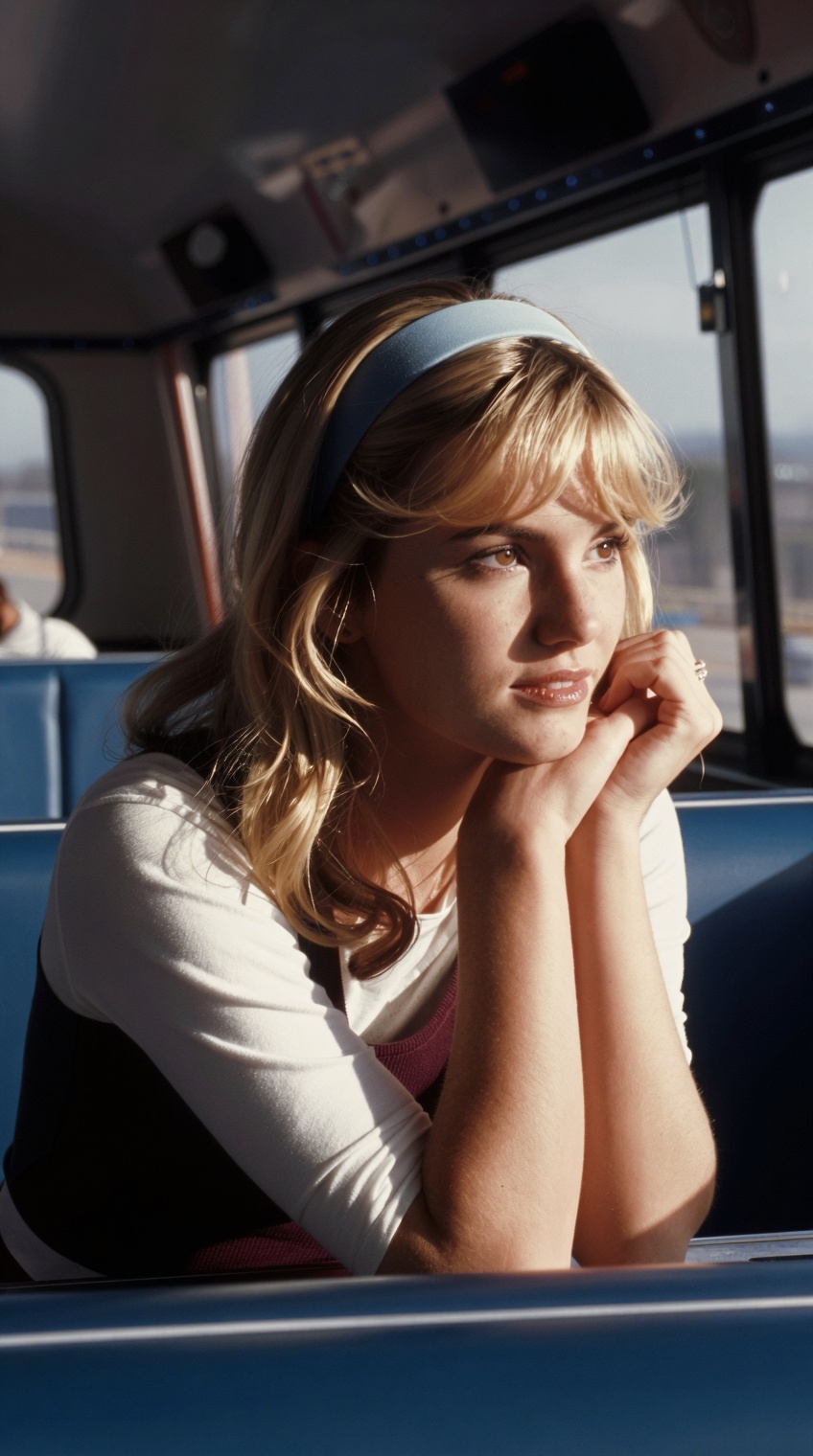 A high-quality 35mm film photograph of a young woman with light blonde hair and bangs,  wearing a pale blue headband. She...