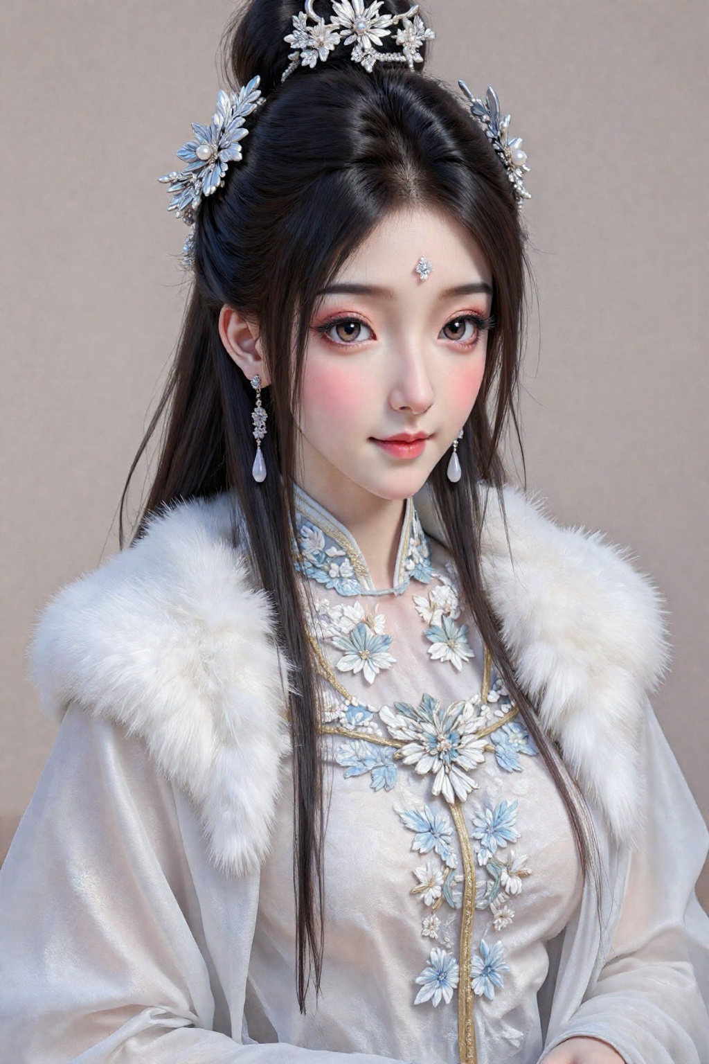 This is a highly detailed digital CGI artwork anime-style. A close-up portrait of a young Asian woman,  likely in her earl...