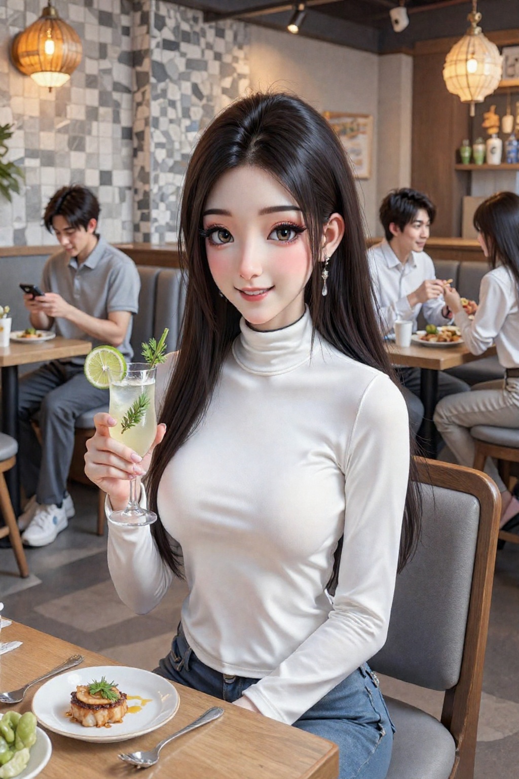 This is a highly detailed digital CGI artwork anime-style. This photograph captures a vibrant,  modern restaurant setting...