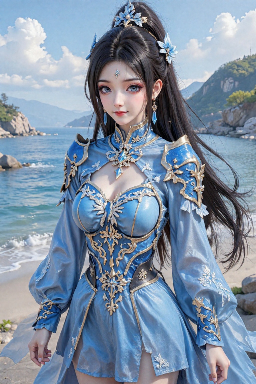 This is a highly detailed digital CGI artwork anime-style. A young woman with long,  flowing black hair adorned with delic...