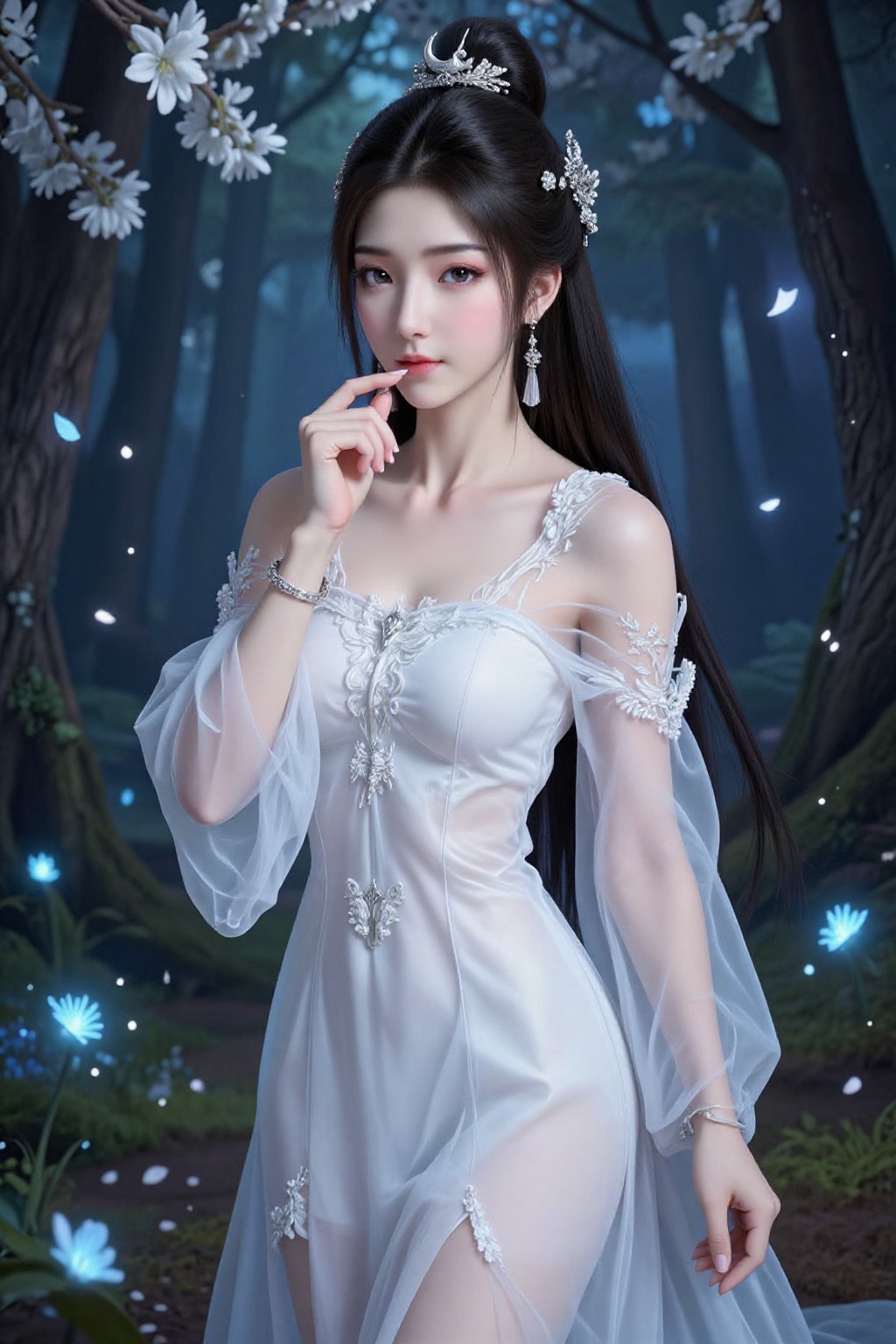 This is a highly detailed digital CGI artwork anime-style. Depicting a beautiful East Asian woman in a fantasy forest sett...