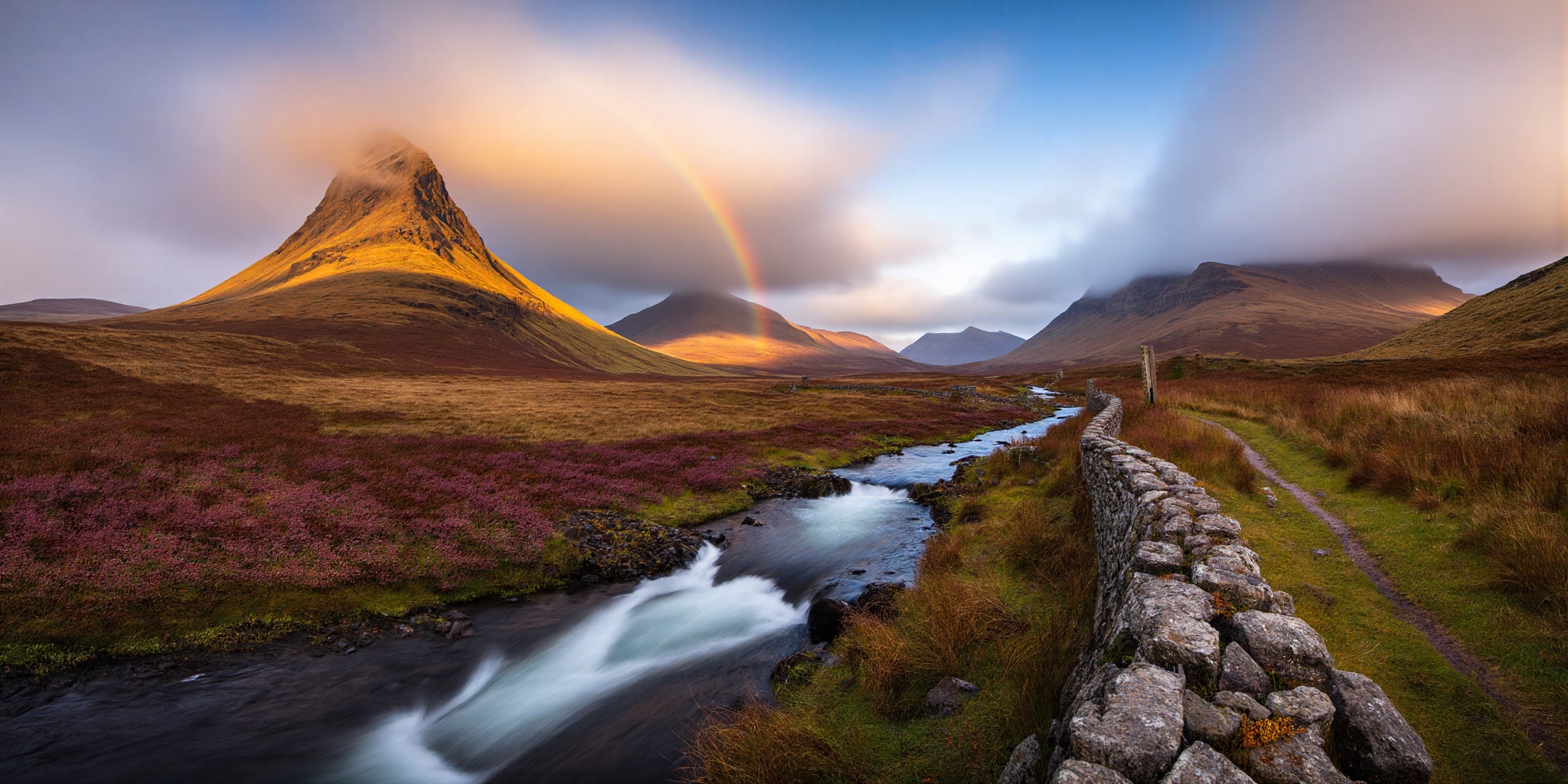 Ultra-wide panoramic landscape photograph,  Scottish Highlands,  Glencoe valley. Shot on Hasselblad X2D 100C medium format...