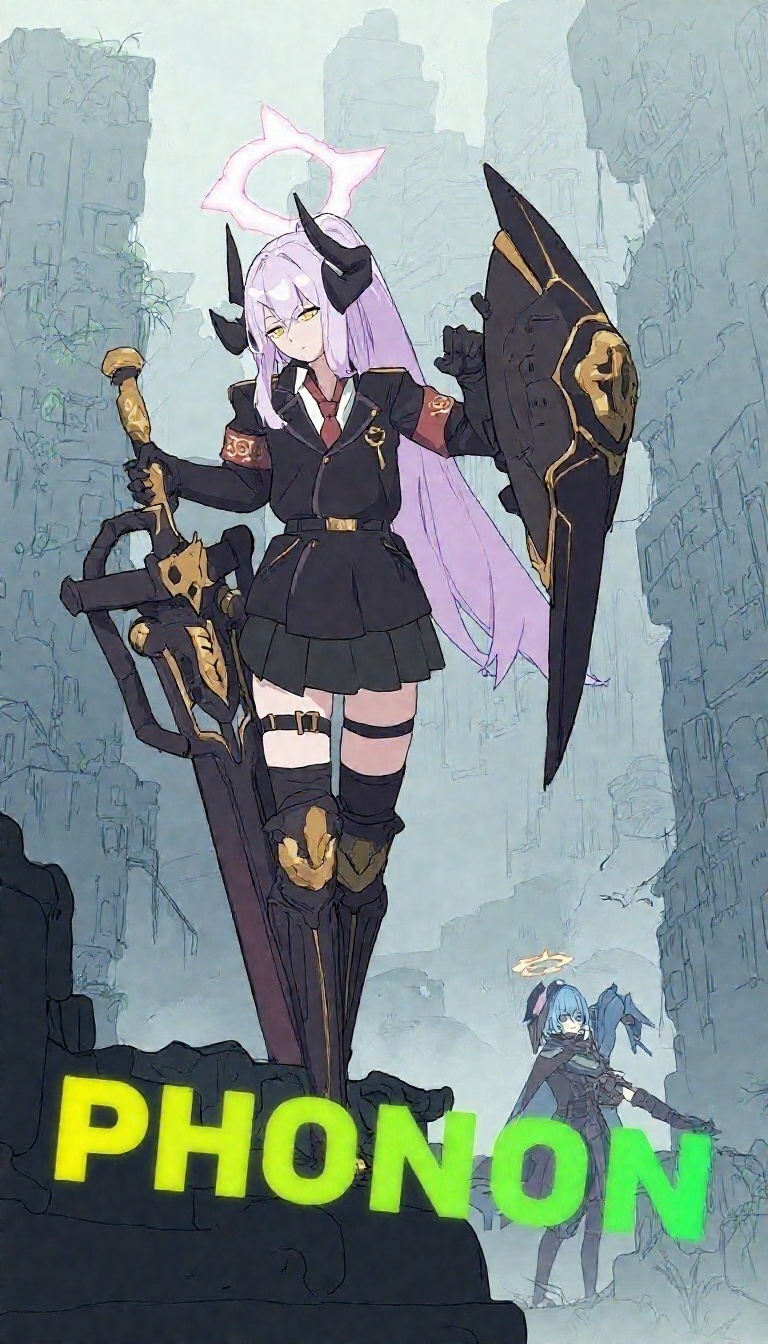 The foreground character ,  with light purple hair in a high ponytail ,  wears a black on Tensor.Art