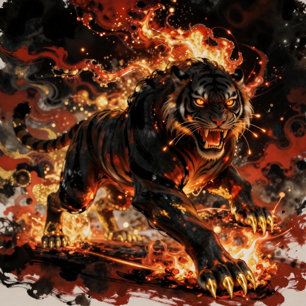 a ferocious tiger in mid-lunge,  its muscular body wreathed in swirling,  incandescent flames that lick upward like living...