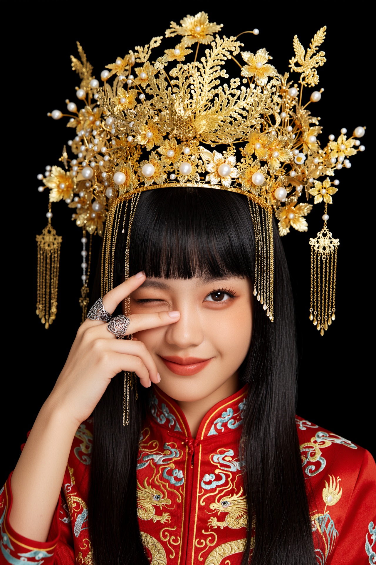 主体：灵动俏皮的东亚年轻少女,  乌黑齐刘海长直发,  一只眼睛轻闭 on Tensor.Art