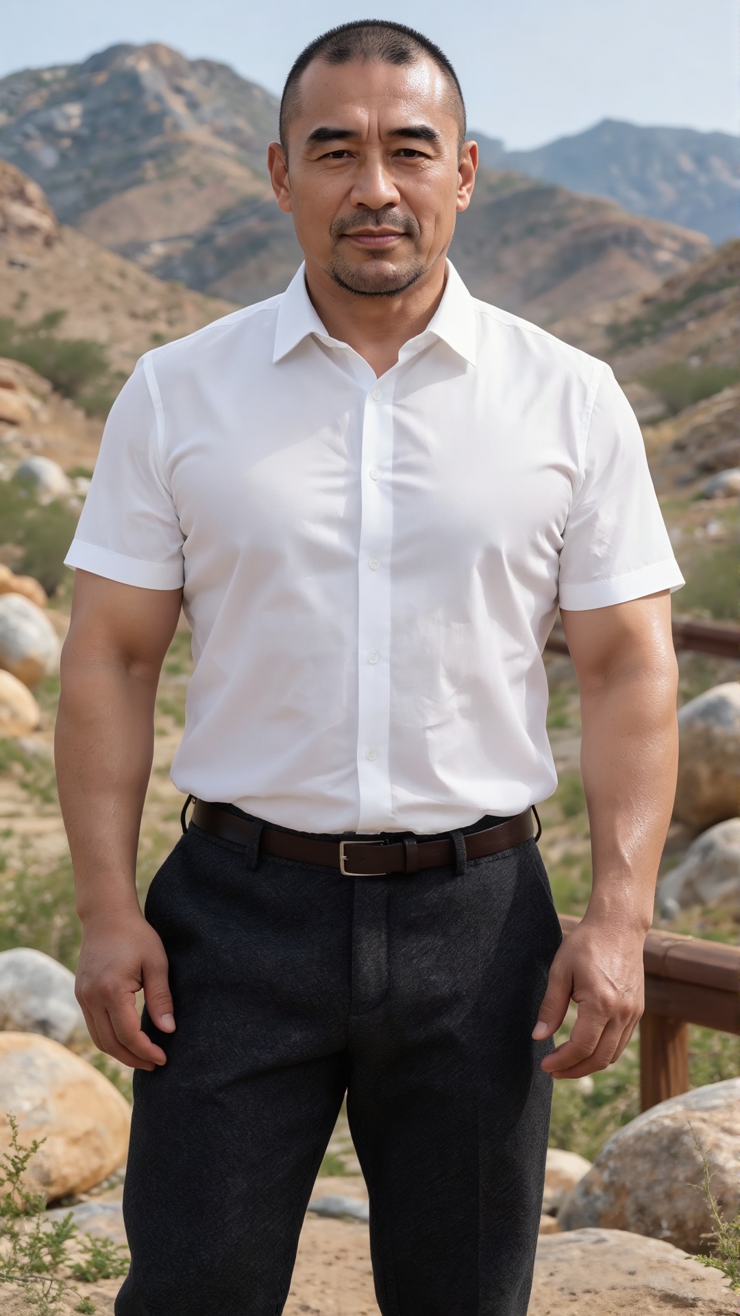 一名中年男子站立在户外。他留着短促的寸头发型,  额头宽阔,  浓眉下眼神沉稳 by 一起旅行 on Tensor.Art
