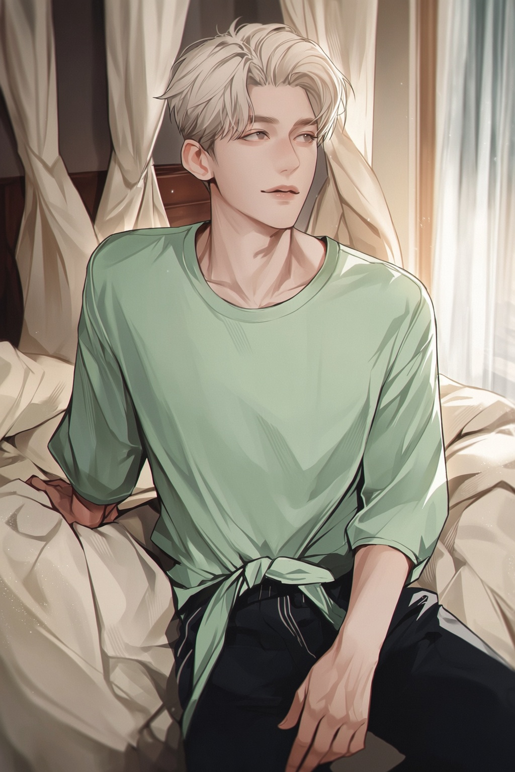 Portrait of a ***** white-skinned man with cool blond hair,  handsome and mature,  sweet omega-coded styling on Tensor.Art
