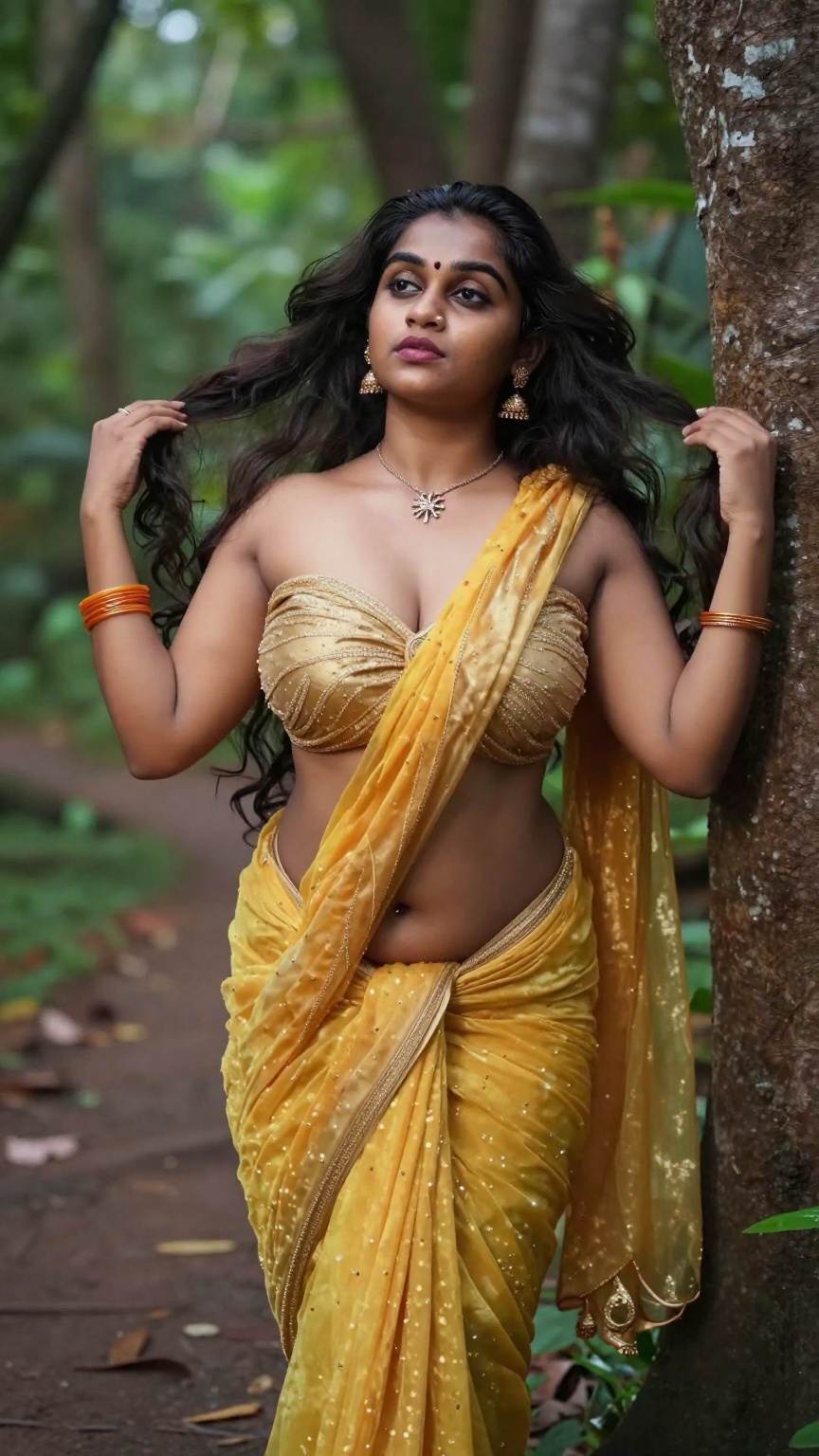 Cinematic photograph of a tall young South Asian woman with realistic warm skin tone and very very long thigh-length wavy...