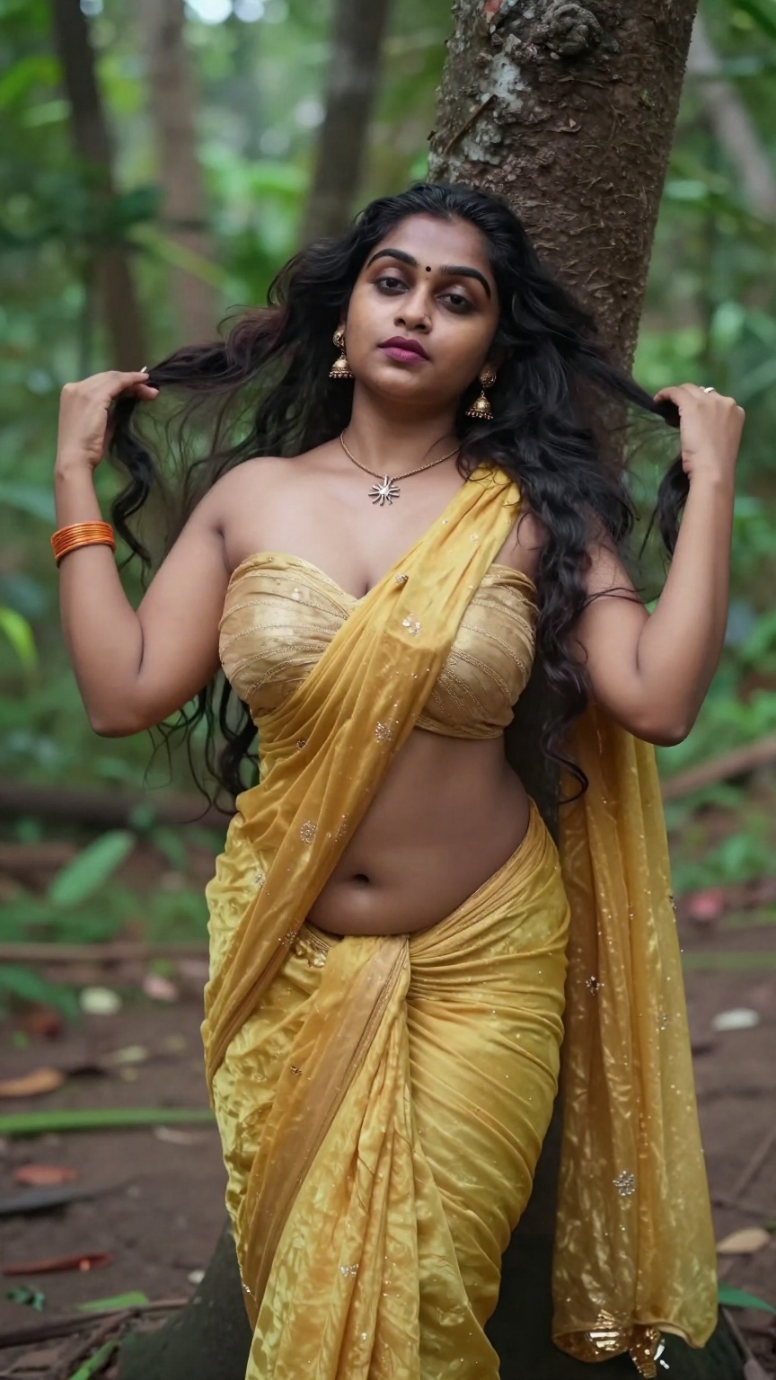 Cinematic photograph of a tall young South Asian woman with realistic warm skin tone and very very long thigh-length wavy...