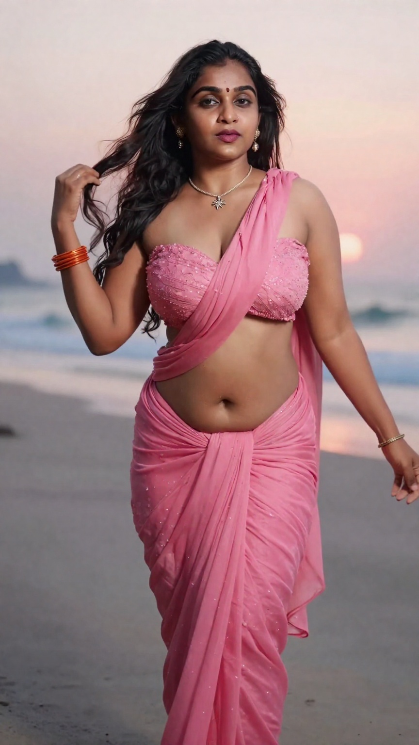 Cinematic photograph of a tall young South Asian woman with realistic warm skin tone and very very long thigh-length wavy...