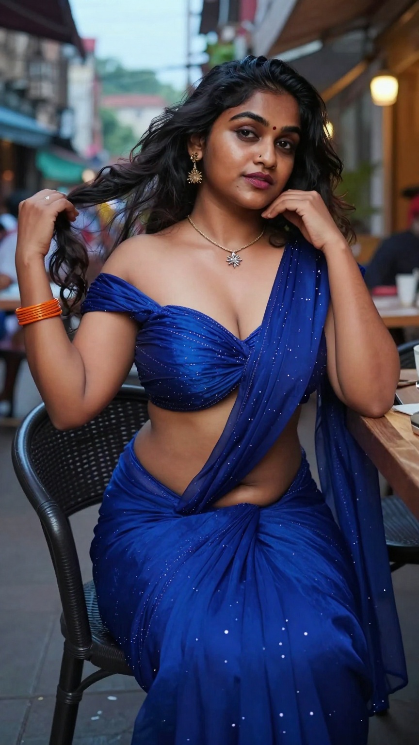 Cinematic photograph of a tall young South Asian woman with realistic warm skin tone and very very long thigh-length wavy...