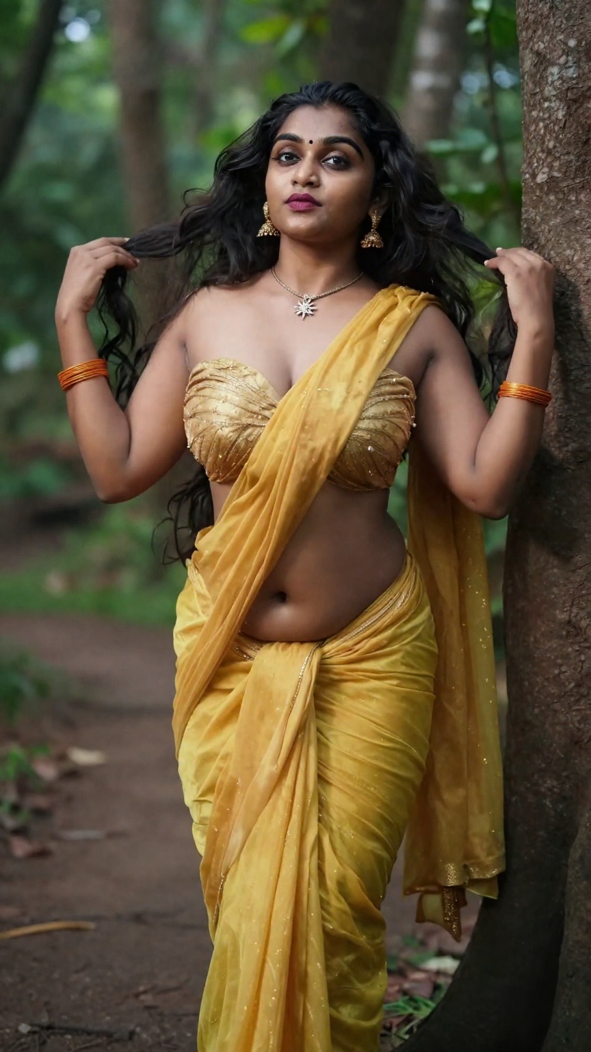 Cinematic photograph of a tall young South Asian woman with realistic warm skin tone and very very long thigh-length wavy...
