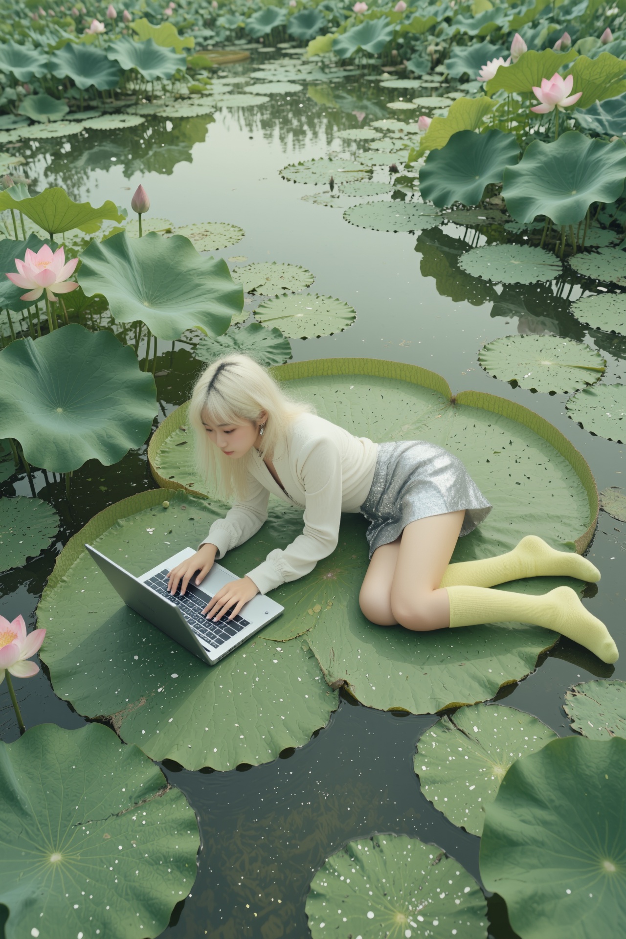A direct,  slightly high-angle snapshot captures a young East Asian woman with platinum blonde hair lying stretched across...
