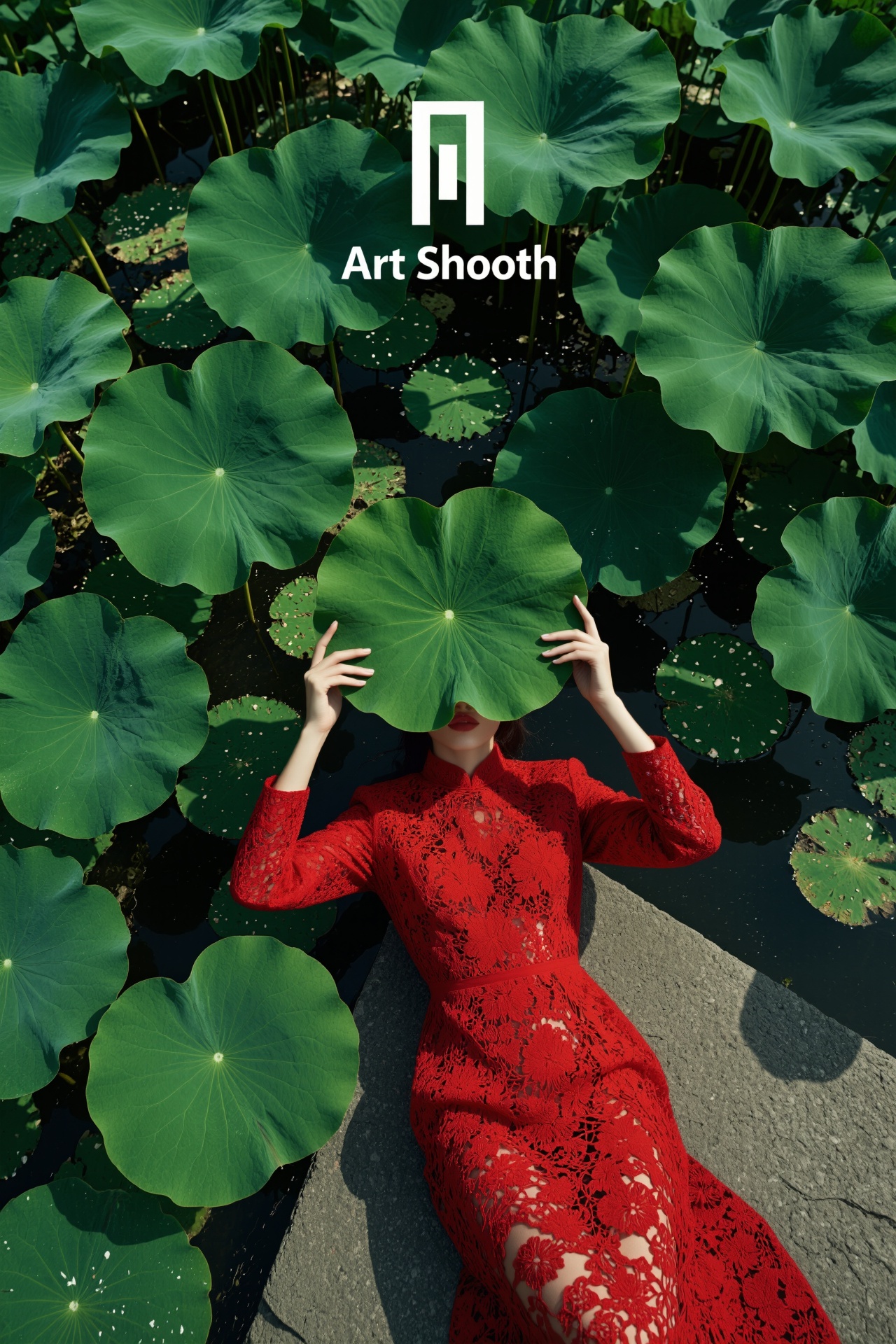 editorial fashion photo,  top view composition,  woman lying on stone near dark water covered with large round lotus leave...