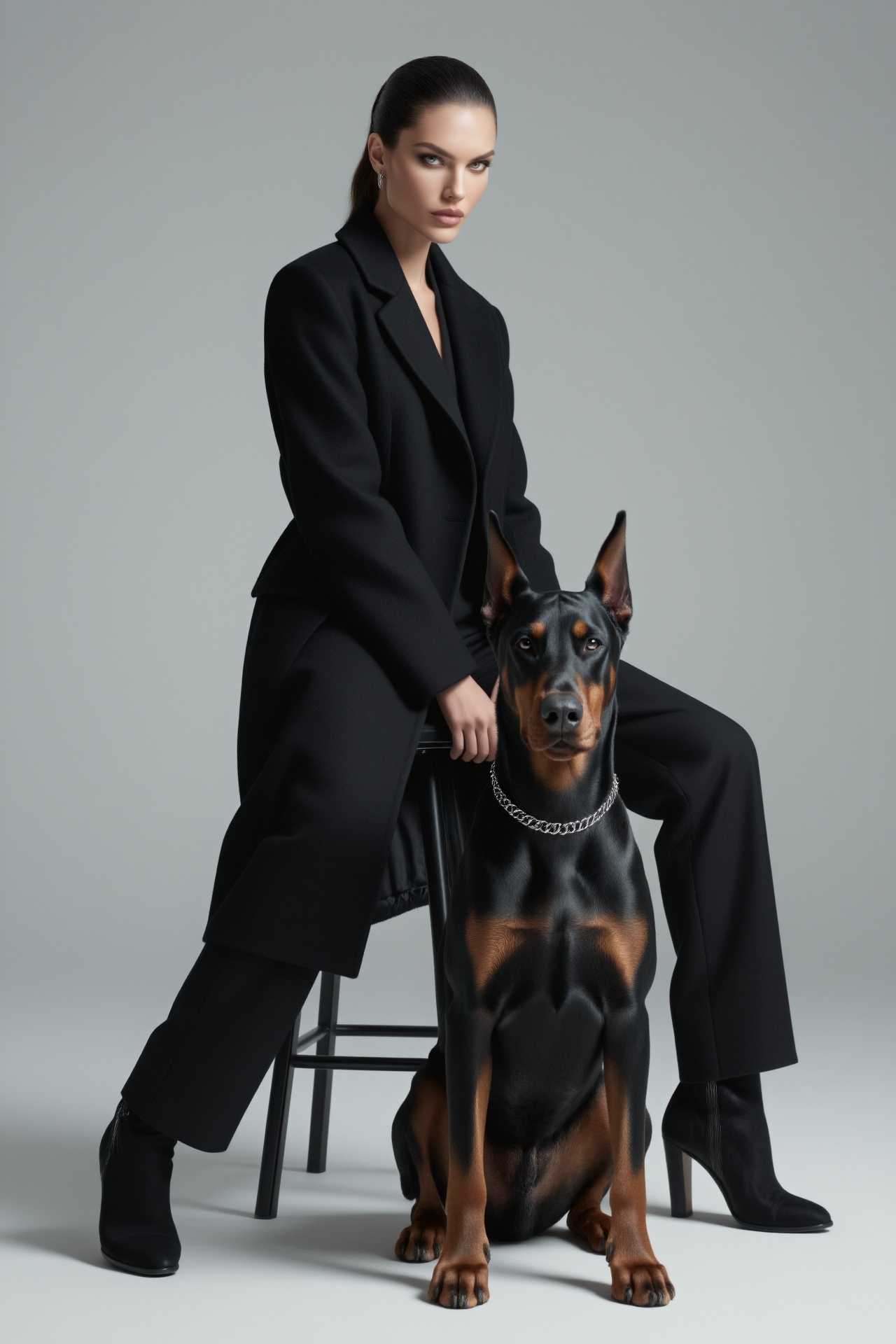 A woman with a Doberman | A slender model with sharp cheekbones and dark hair slicked back into a high ponytail,  expressi...