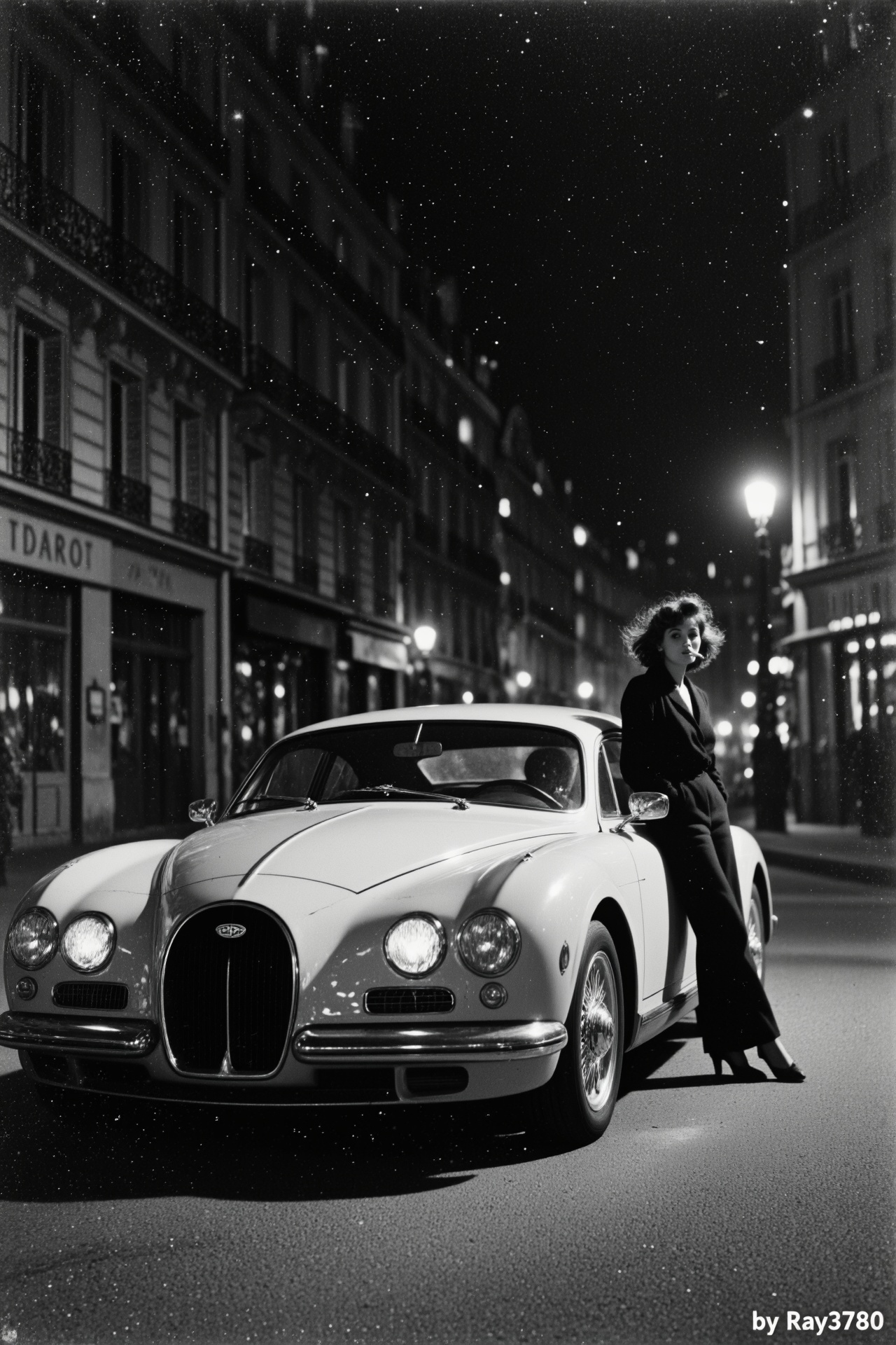 black and white cinematic photograph,  paris street at night,  bugatti tourbillon parked subtly on Tensor.Art