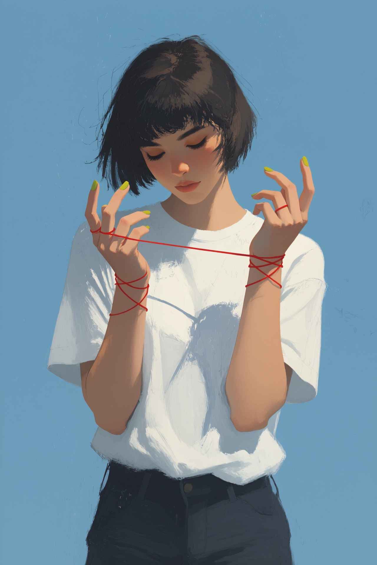 a digital painting of a person with short dark hair and fair skin,  depicted from the waist up against a plain blue backgr...