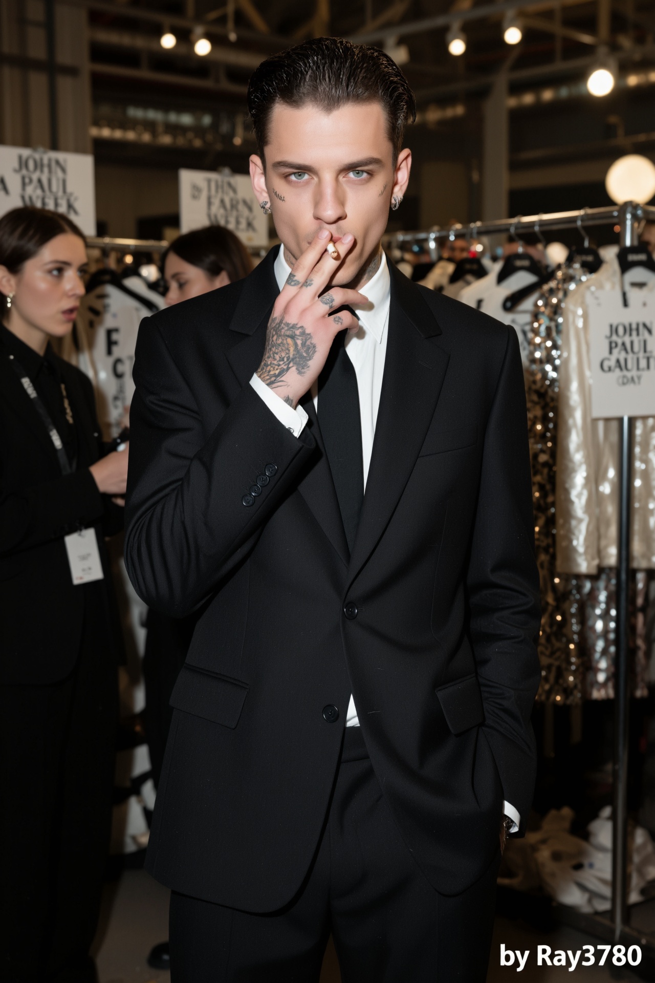 a photo of a young white man with slicked-back hair and tattoos wearing an oversized black suit,  holding up his hand to h...