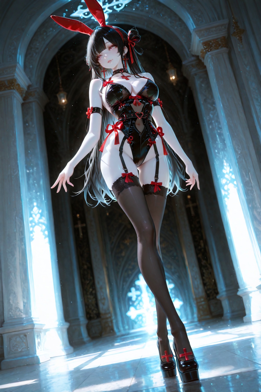 Tsukino Himeko,  a Gothic-style cute idol girl,  with black hair that gradients from pink to red on Tensor.Art