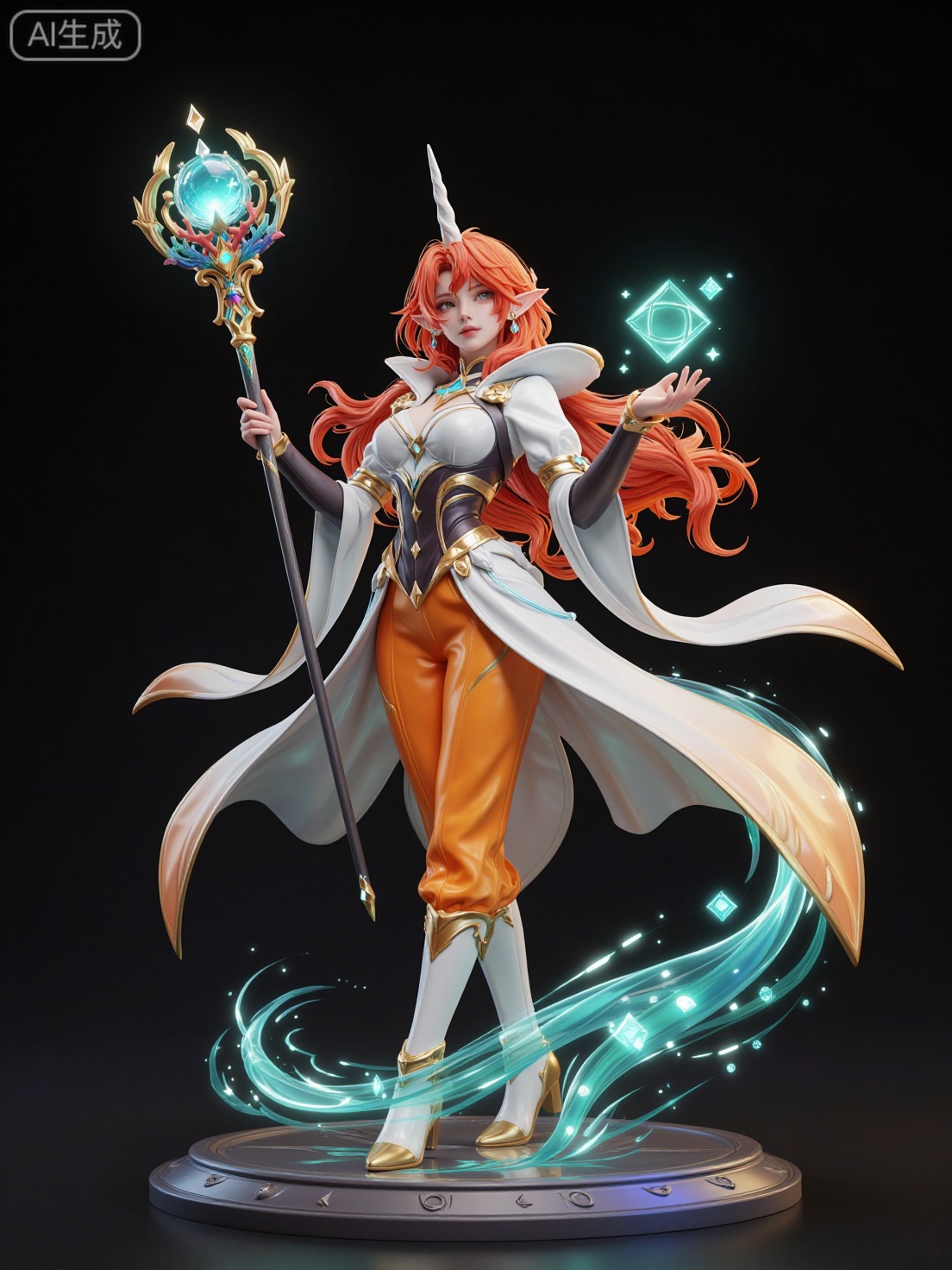 A high-quality 3D digital render of an enchanting unicorn-human hybrid character in a dynamic,  stylized pose. The charact...