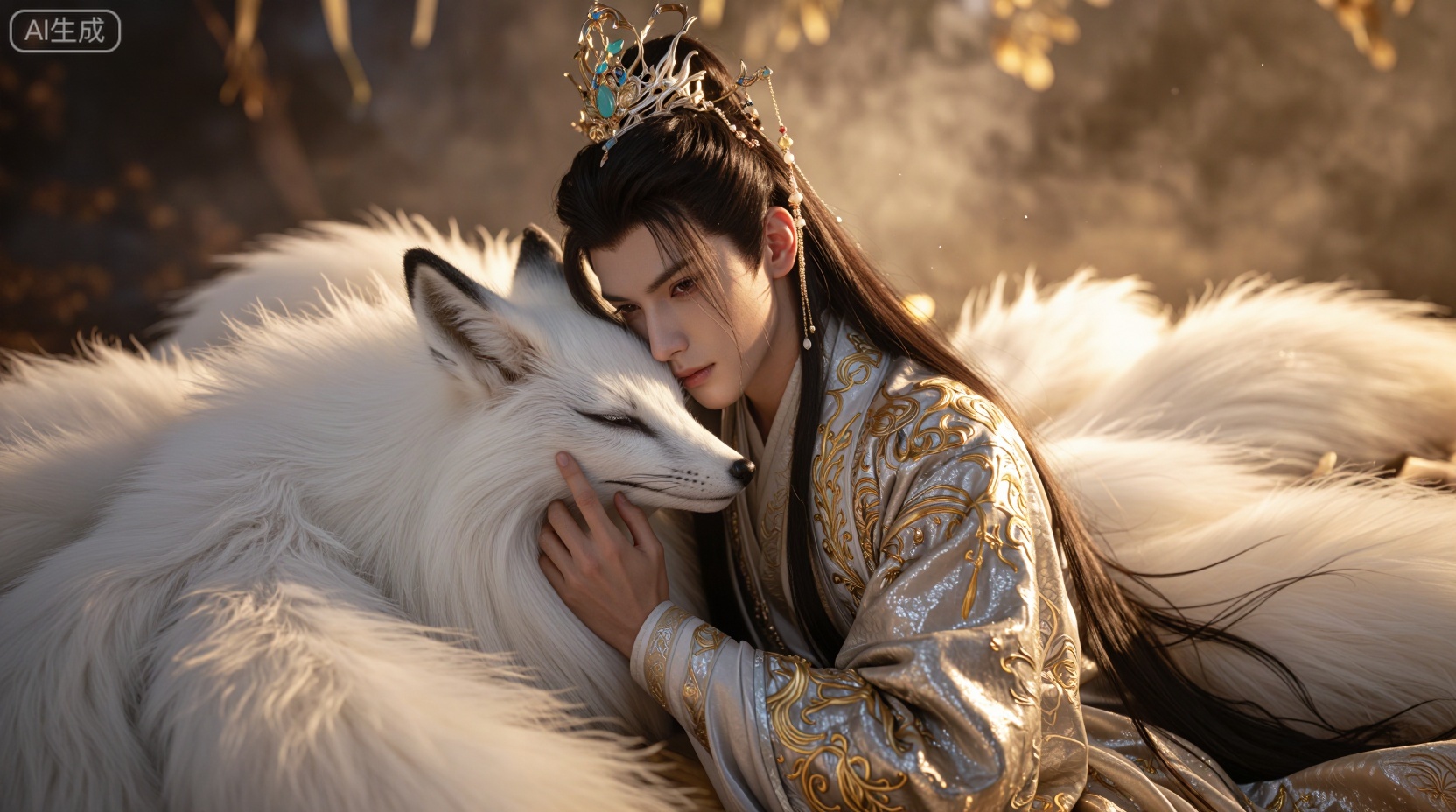一位拥有**狐妖血统的东方绝美男性角色（male fox spirit,  celestial fox prince）**,  年轻男性 by Sayid on Tensor.Art