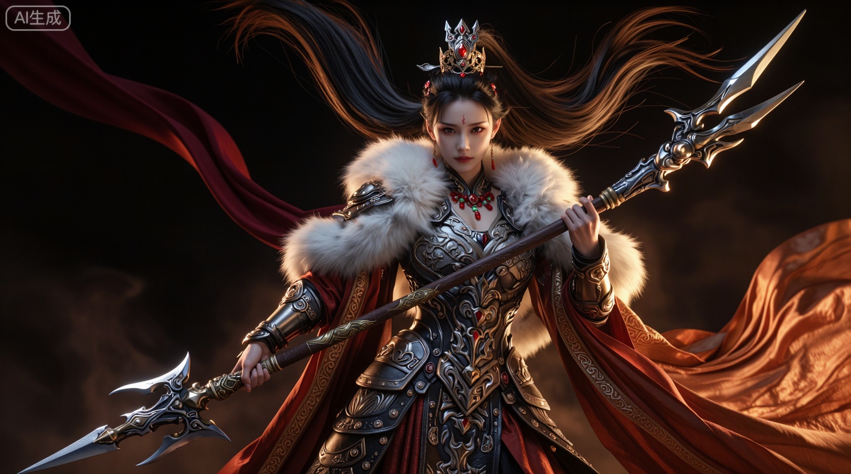 一位**冷艳霸气的东方女战神/ 古风女武将（eastern female warlord,  divine warrior queen）**,  年轻女性角色 by Sayid on Tensor.Art
