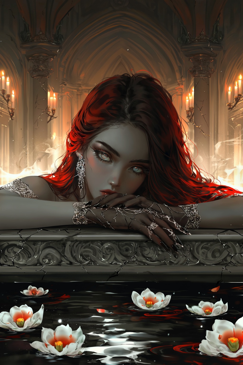 A moody painterly illustration features a woman with deep red hair,  ash-gray skin,  and bright opal eyes framed by ornate...