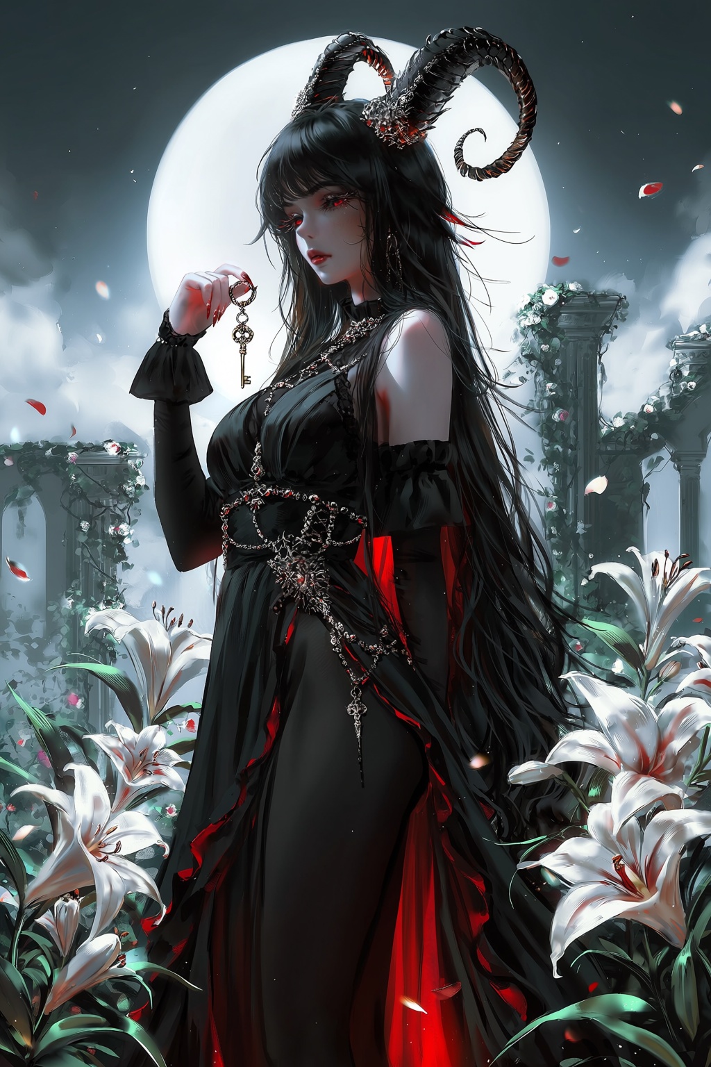 A painterly fantasy illustration depicts a woman with long raven hair,  red eyes,  and delicate black horns curled like in...