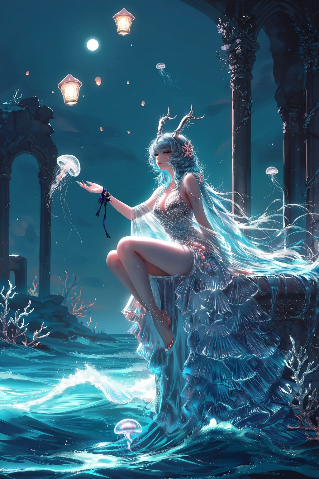 A luminous anime-style image depicts a woman with long silver-blue hair and shell-like horns seated on a stone ledge above...