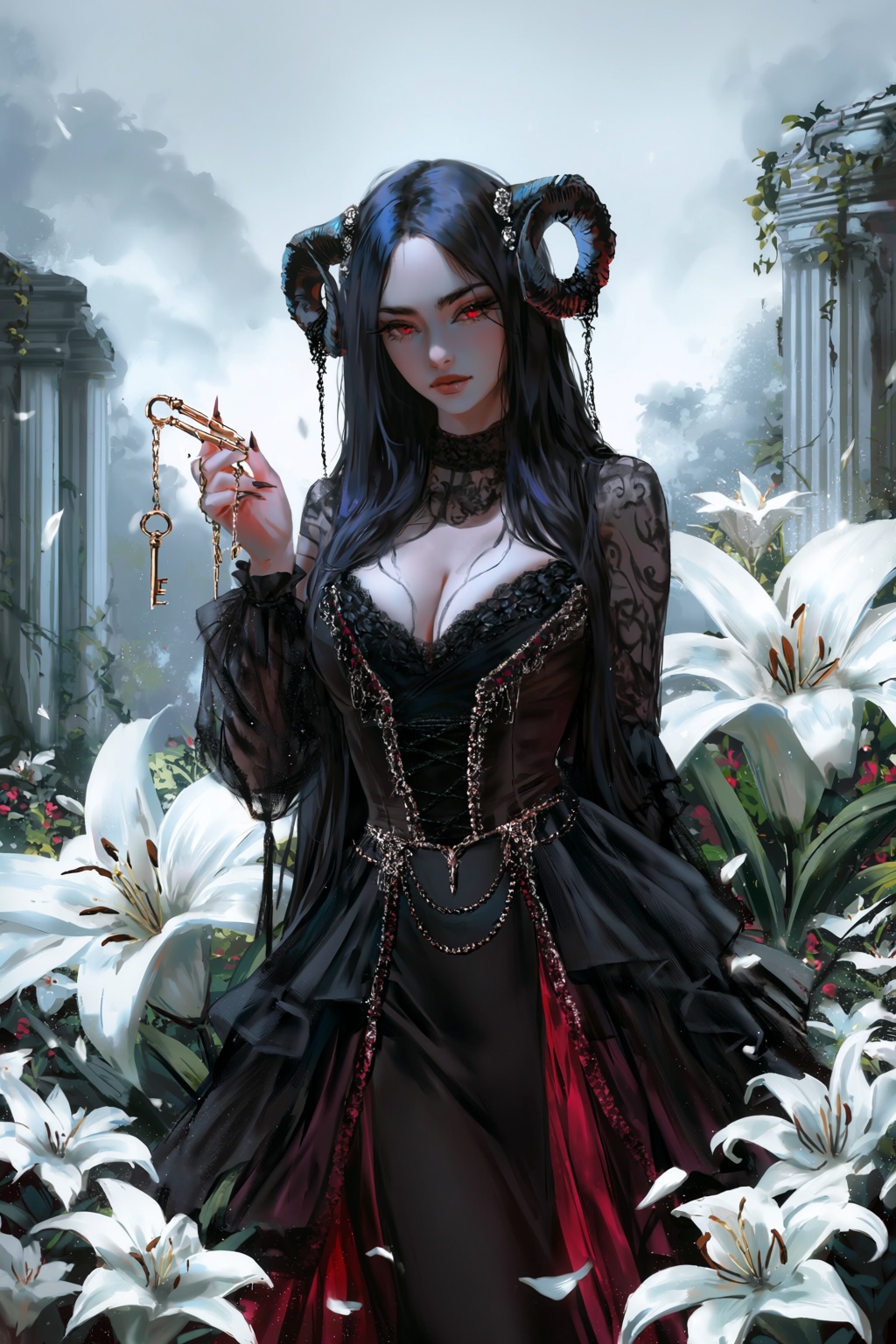 A painterly fantasy illustration depicts a woman with long raven hair,  red eyes,  and delicate black horns curled like in...