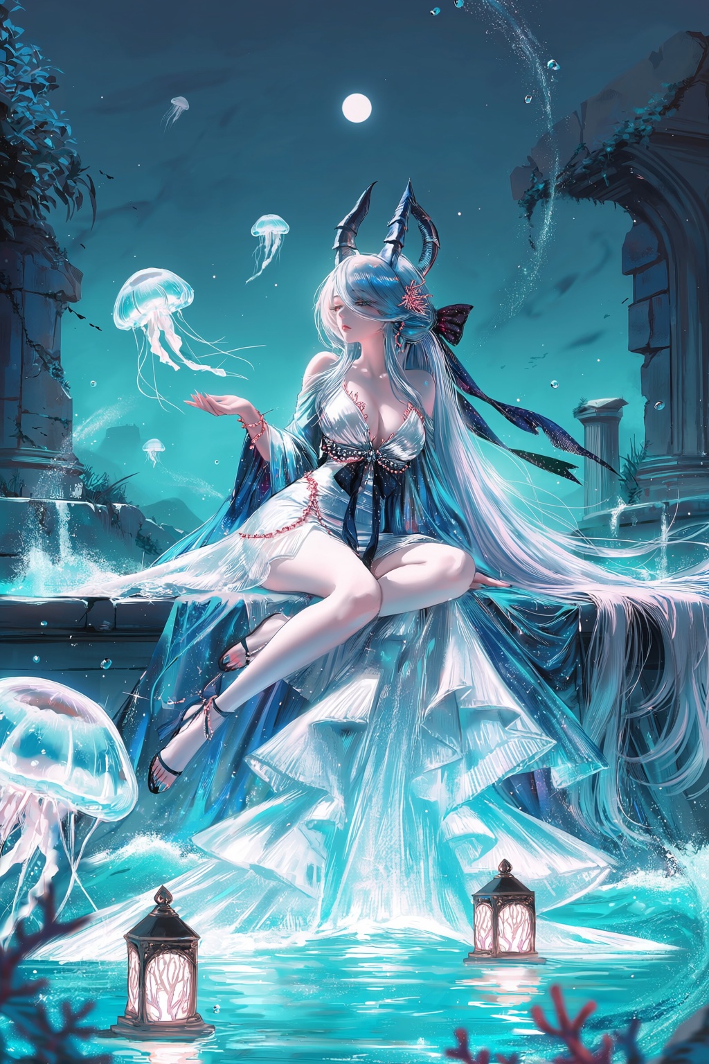 A luminous anime-style image depicts a woman with long silver-blue hair and shell-like horns seated on a stone ledge above...