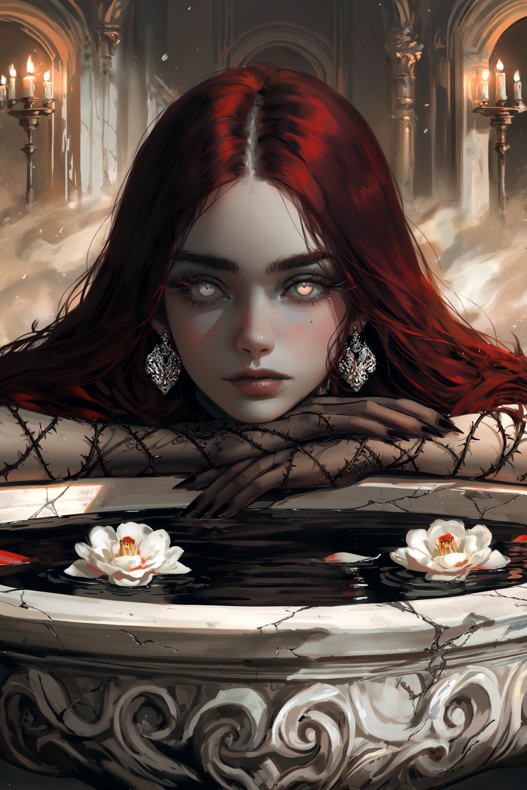 A moody painterly illustration features a woman with deep red hair,  ash-gray skin,  and bright opal eyes framed by ornate...