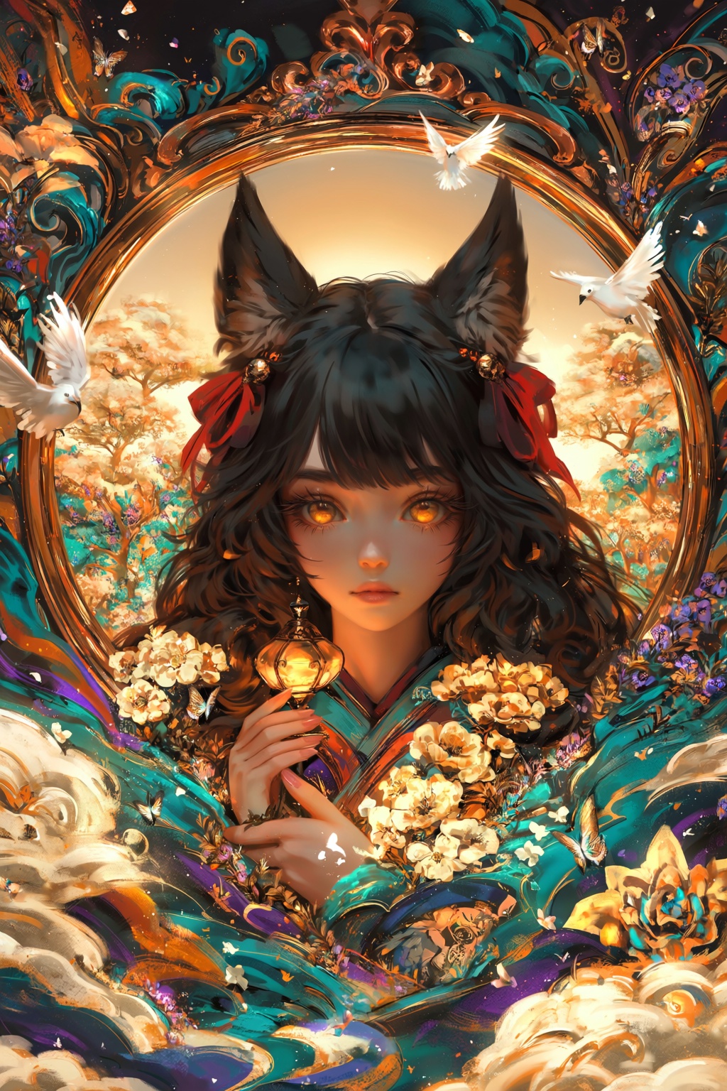 A digital painting features an anime-style girl with prominent animal ears,  positioned centrally within a circular,  orna...
