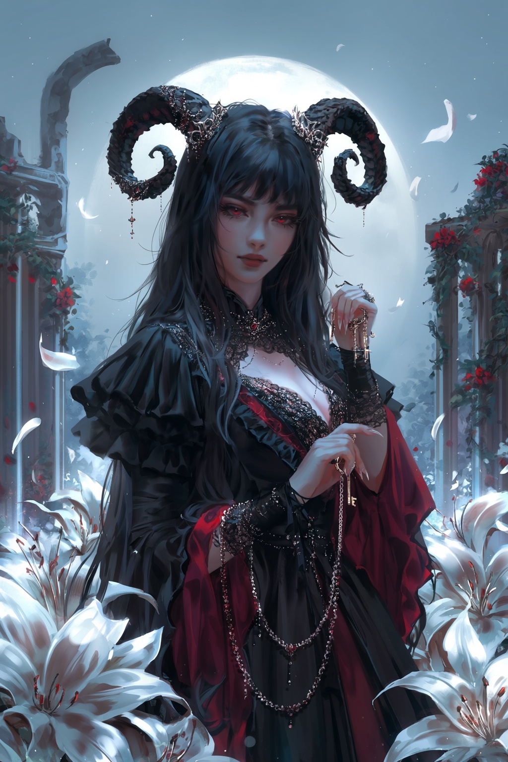 A painterly fantasy illustration depicts a woman with long raven hair,  red eyes,  and delicate black horns curled like in...