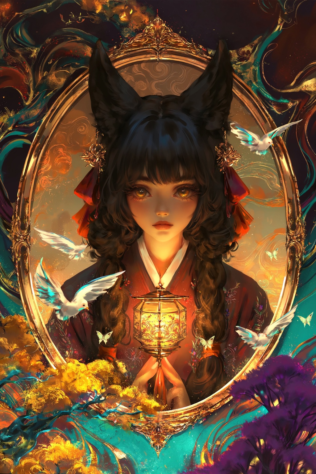 A digital painting features an anime-style girl with prominent animal ears,  positioned centrally within a circular,  orna...